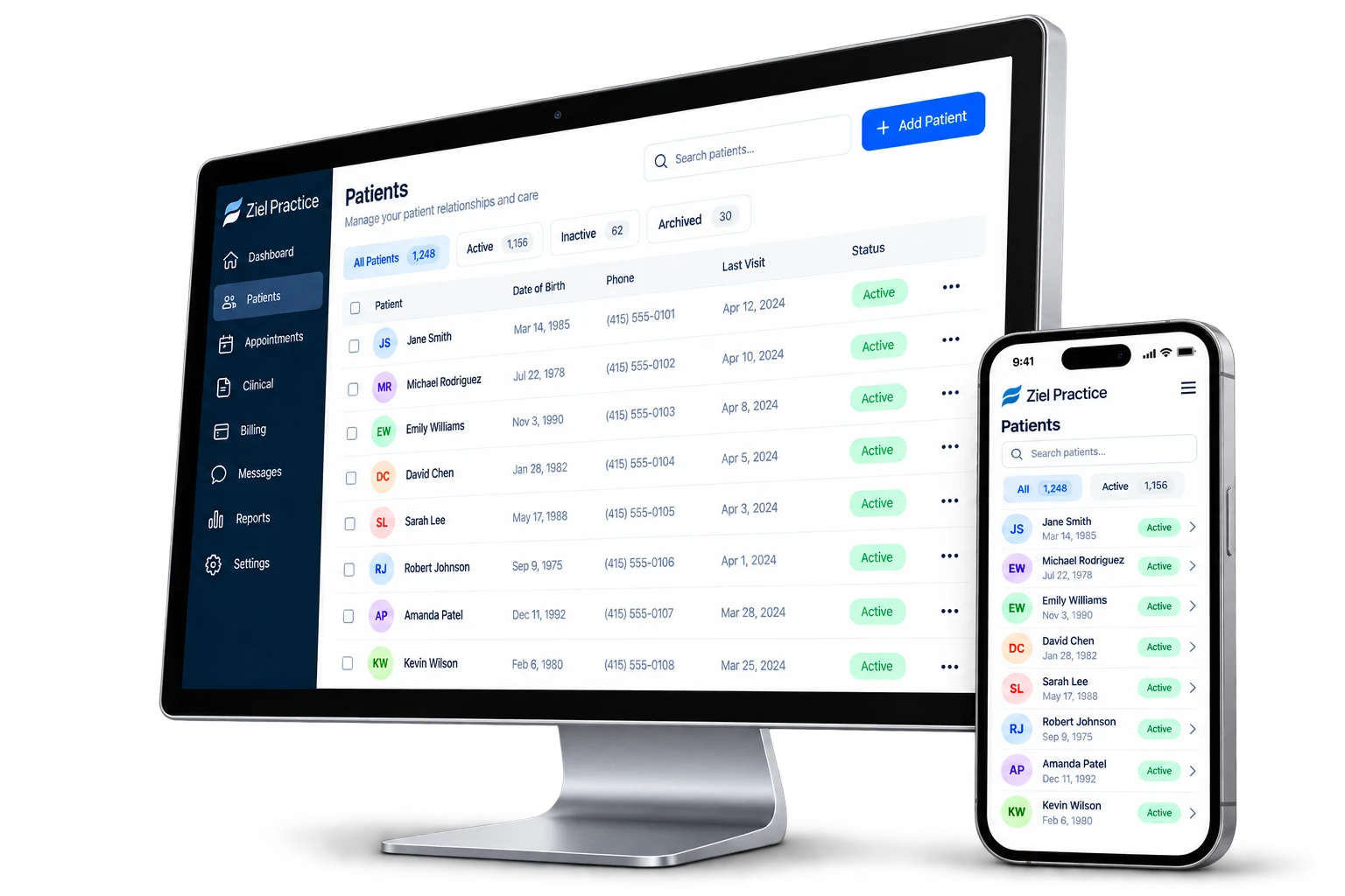 Ziel Practice patient dashboard displayed on desktop and phone